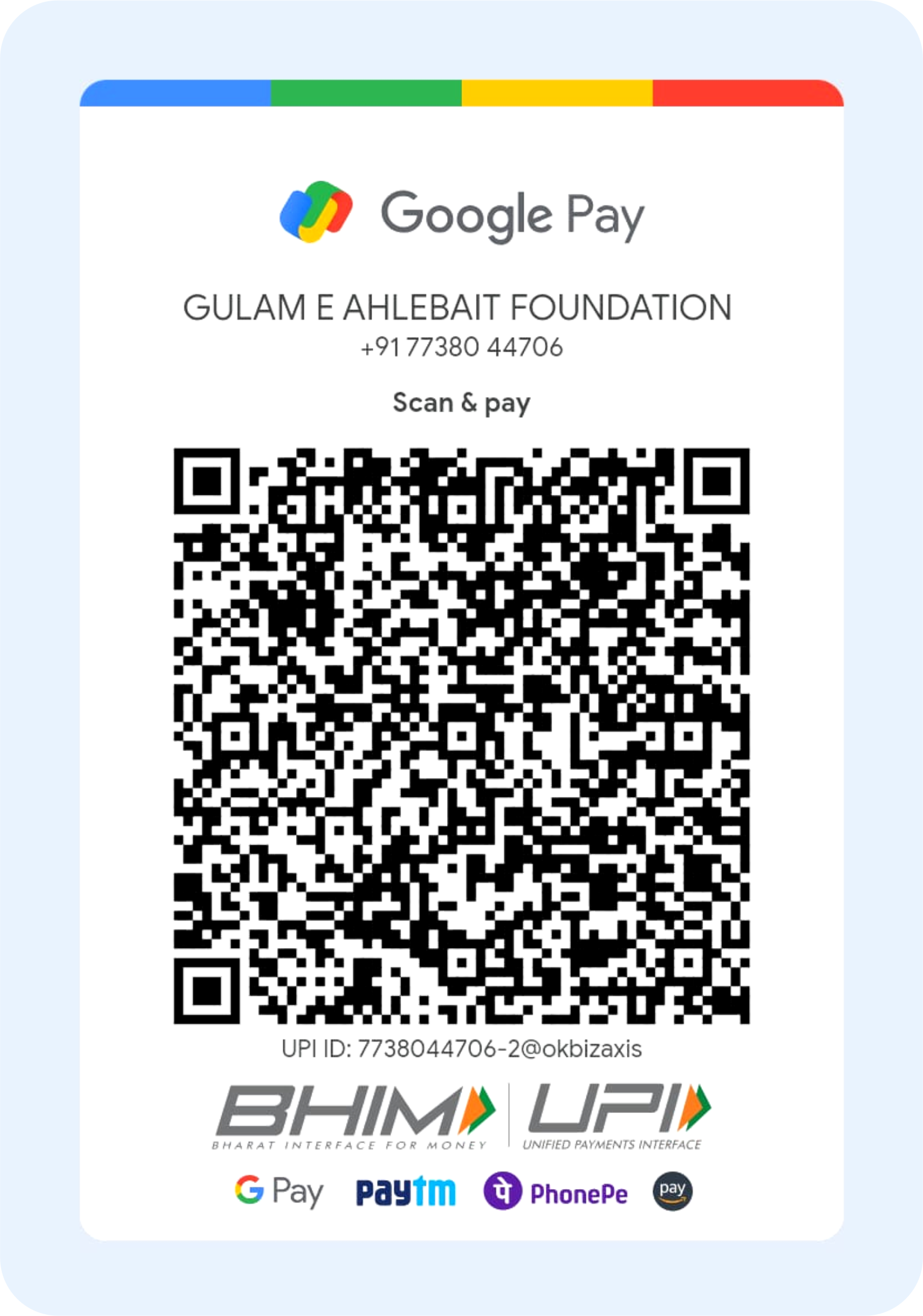 Foundation Google Pay QR — UPI ID 7738044706-2@okbizaxis